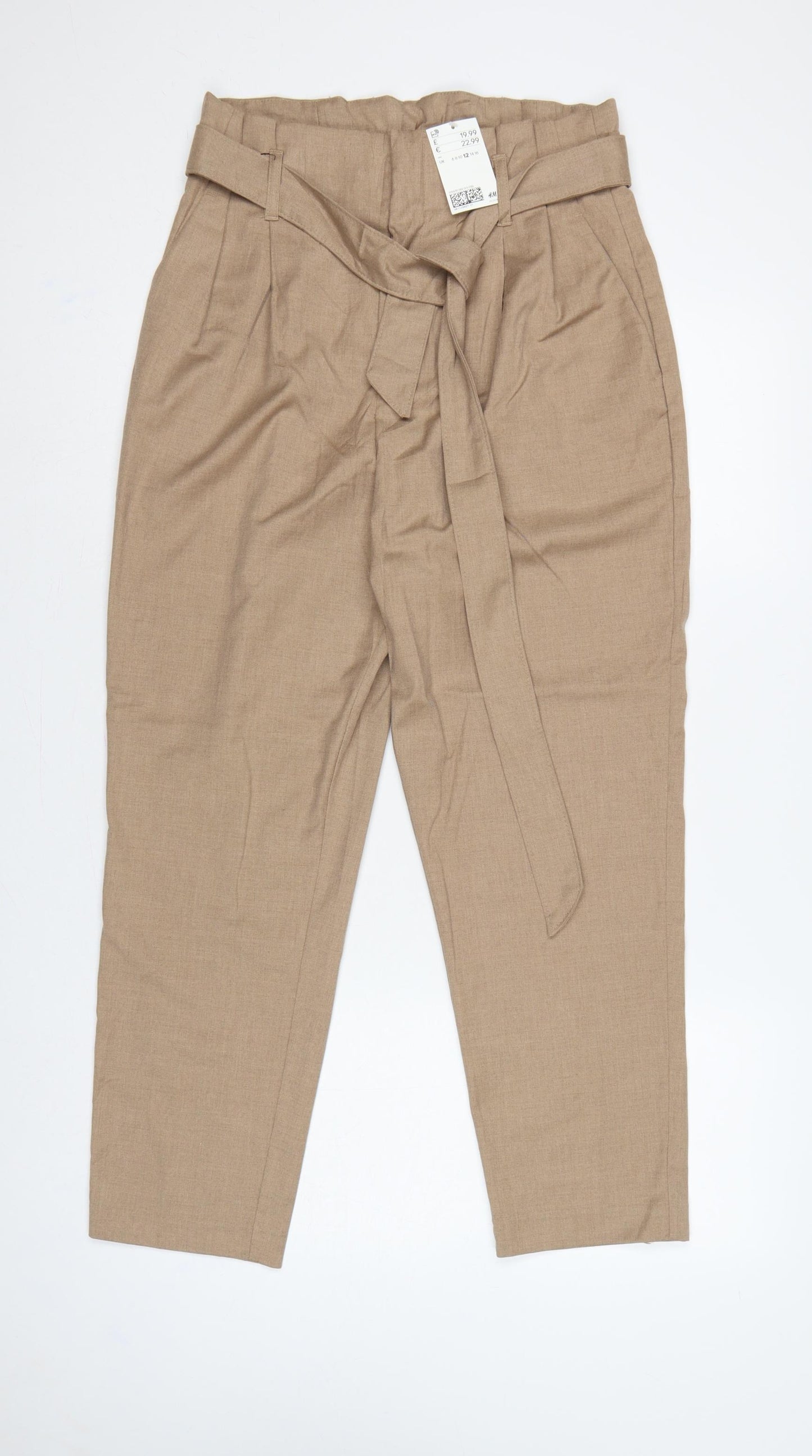 H&M Women Beige UK 12 Paperbag Tapered Belted Trousers