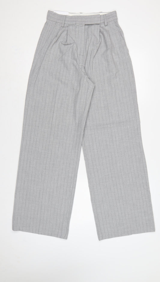Bershka Women Grey Pinstripe UK 8 High Rise Wide Leg Dress Trousers