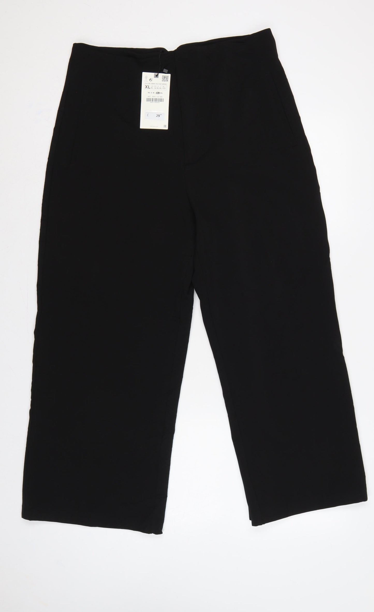 Zara Women Black XL High Rise Wide Leg Stretch Trousers Pockets