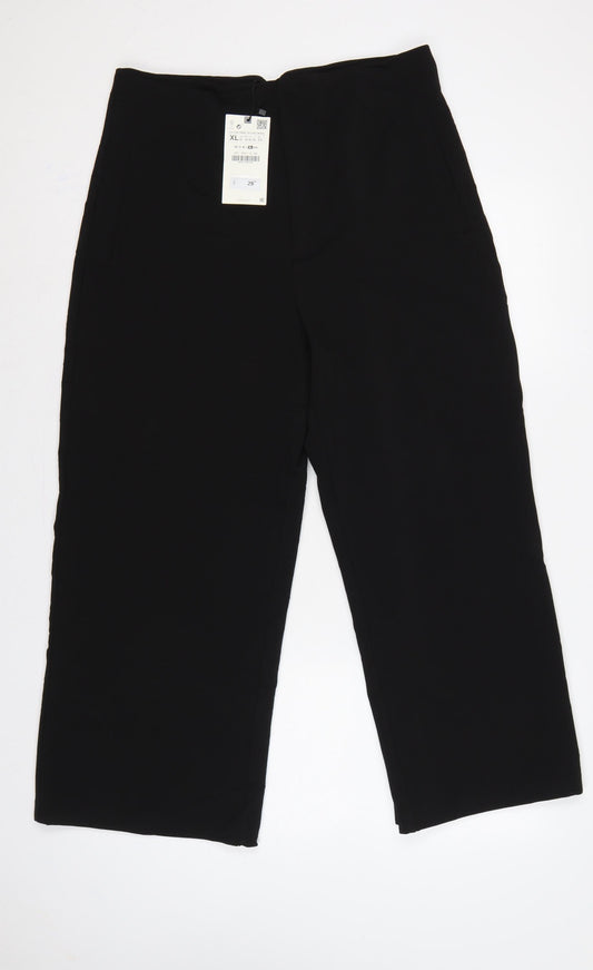 Zara Women Black XL High Rise Wide Leg Stretch Trousers Pockets