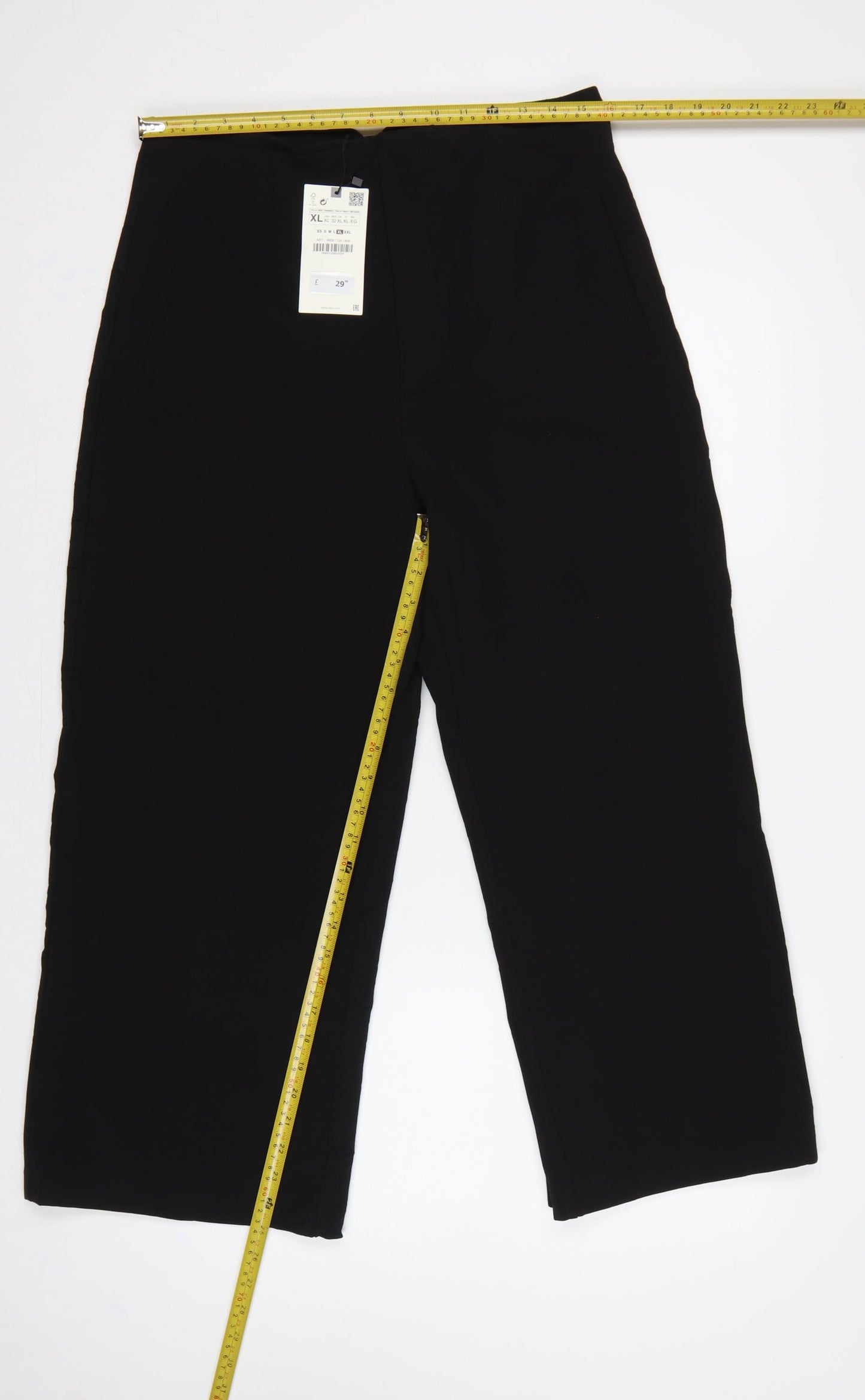 Zara Women Black XL High Rise Wide Leg Stretch Trousers Pockets
