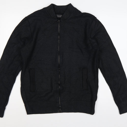 Zara Man Men's Black L Full Zip Mock Neck Cotton Blend Knit Jumper