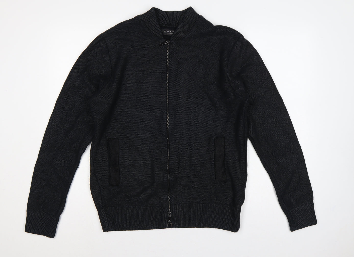Zara Man Men's Black L Full Zip Mock Neck Cotton Blend Knit Jumper