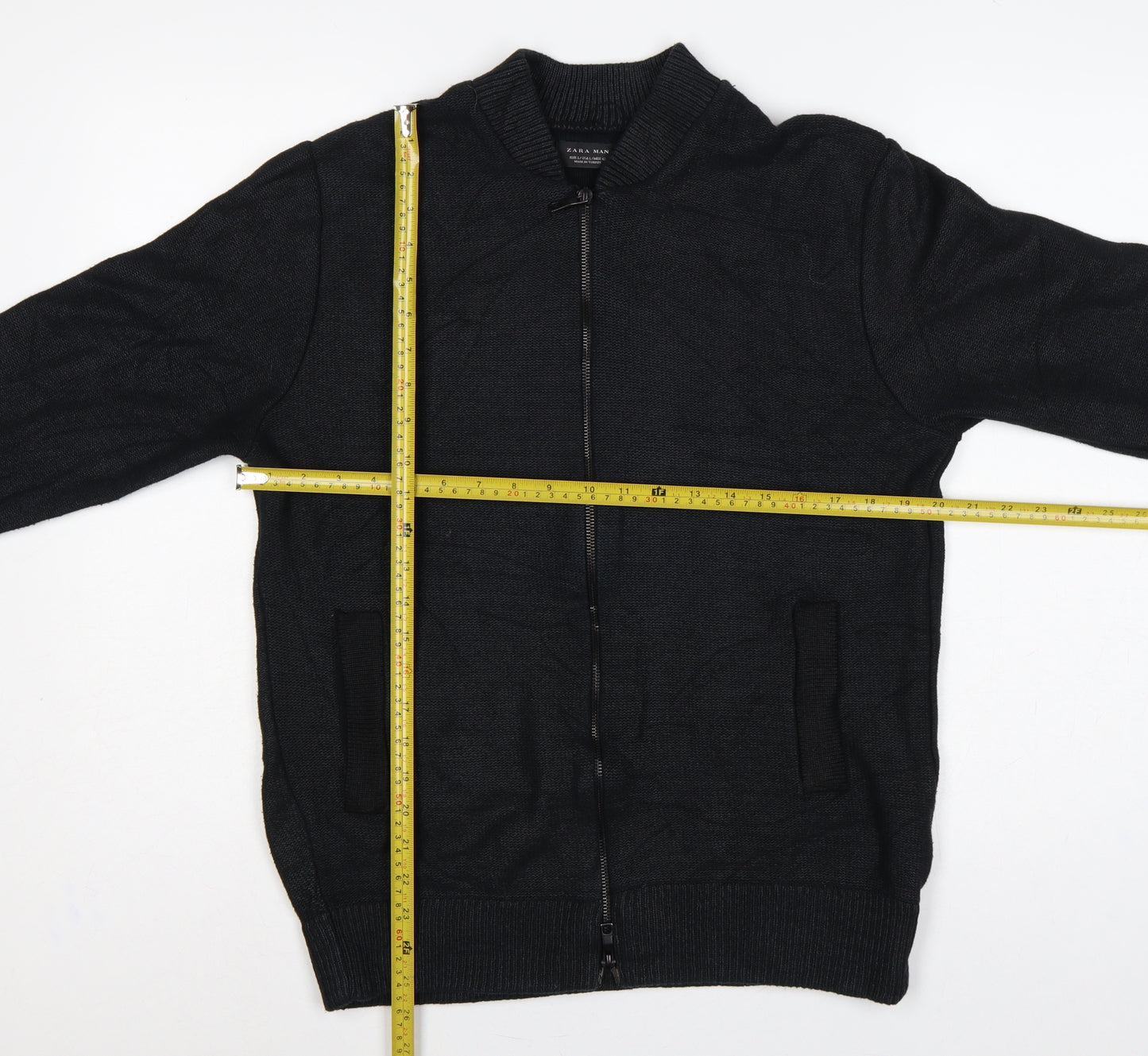 Zara Man Men's Black L Full Zip Mock Neck Cotton Blend Knit Jumper