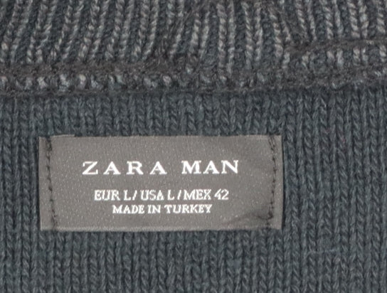 Zara Man Men's Black L Full Zip Mock Neck Cotton Blend Knit Jumper