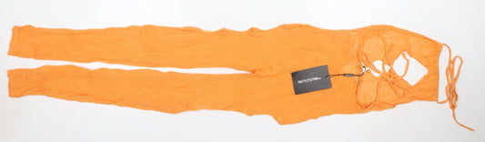 PrettyLittleThing Women Orange UK 6 Sheer Knit Tie Back Jumpsuit
