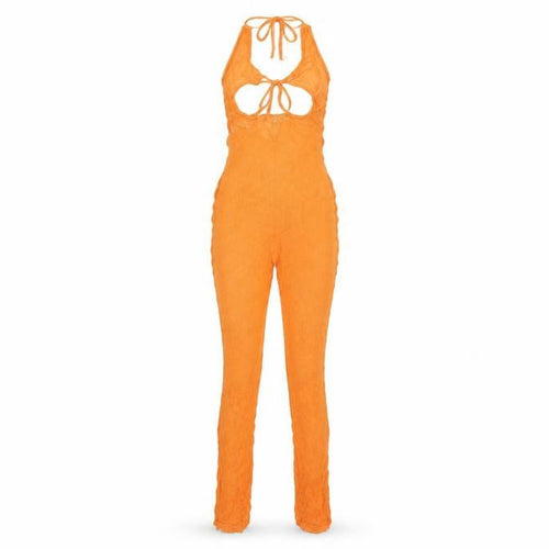 PrettyLittleThing Women Orange UK 6 Sheer Knit Tie Back Jumpsuit