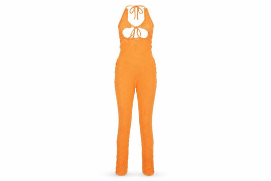 PrettyLittleThing Women Orange UK 6 Sheer Knit Tie Back Jumpsuit