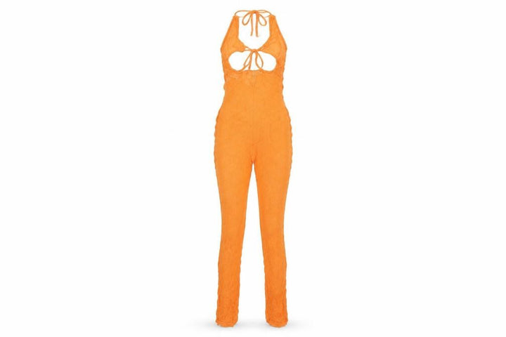 PrettyLittleThing Women Orange UK 6 Sheer Knit Tie Back Jumpsuit