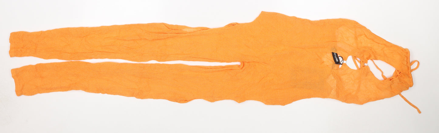 PrettyLittleThing Women Orange UK 6 Sheer Knit Tie Back Jumpsuit