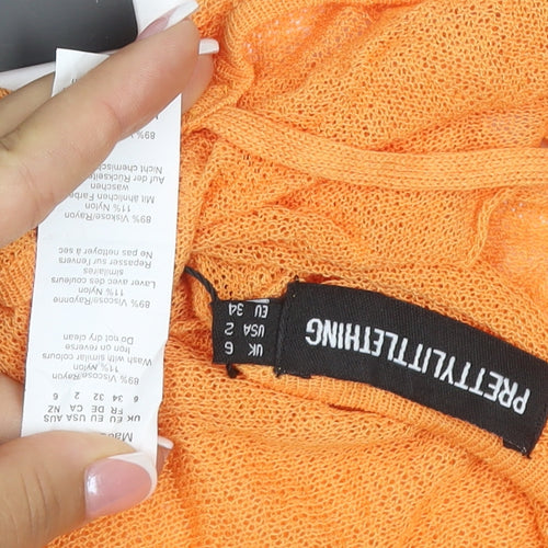 PrettyLittleThing Women Orange UK 6 Sheer Knit Tie Back Jumpsuit