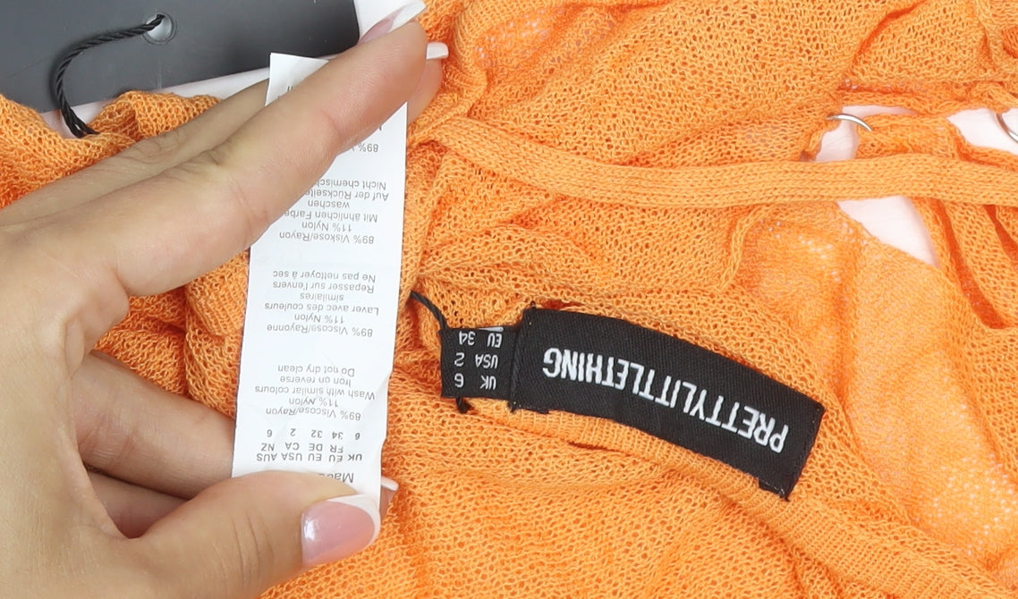 PrettyLittleThing Women Orange UK 6 Sheer Knit Tie Back Jumpsuit