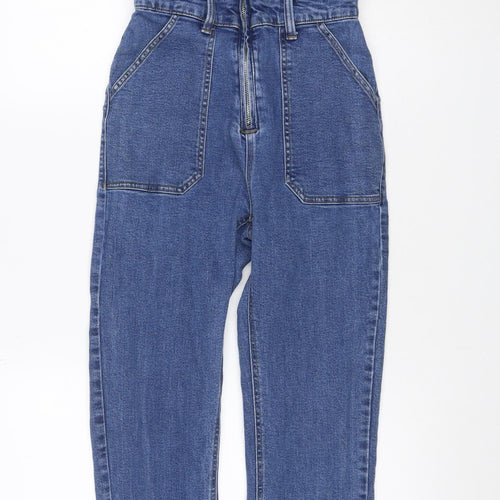 Stradivarius Women Blue Denim Zip Front Belted Jumpsuit Size S