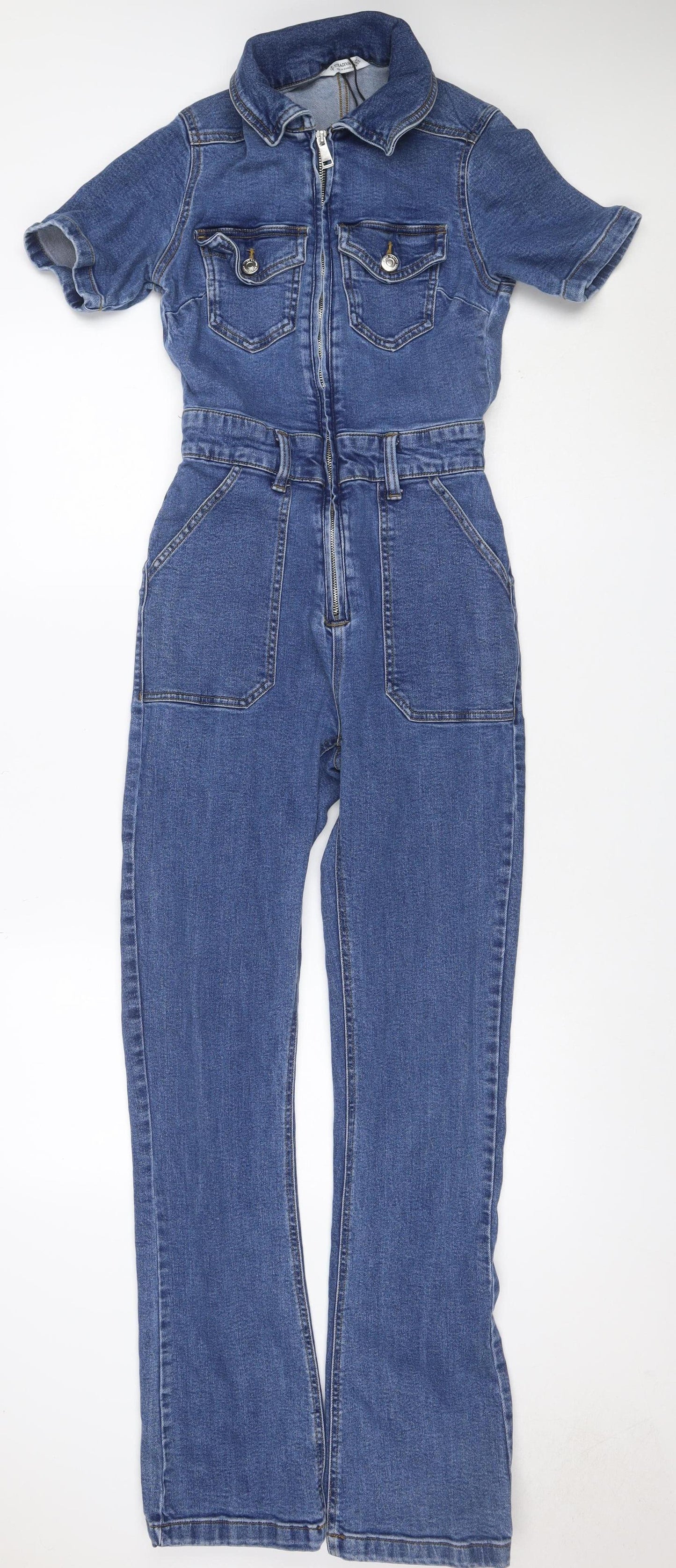 Stradivarius Women Blue Denim Zip Front Belted Jumpsuit Size S
