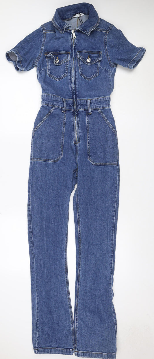 Stradivarius Women Blue Denim Zip Front Belted Jumpsuit Size S