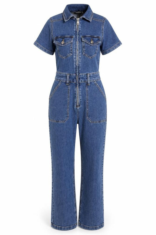 Stradivarius Women Blue Denim Zip Front Belted Jumpsuit Size S