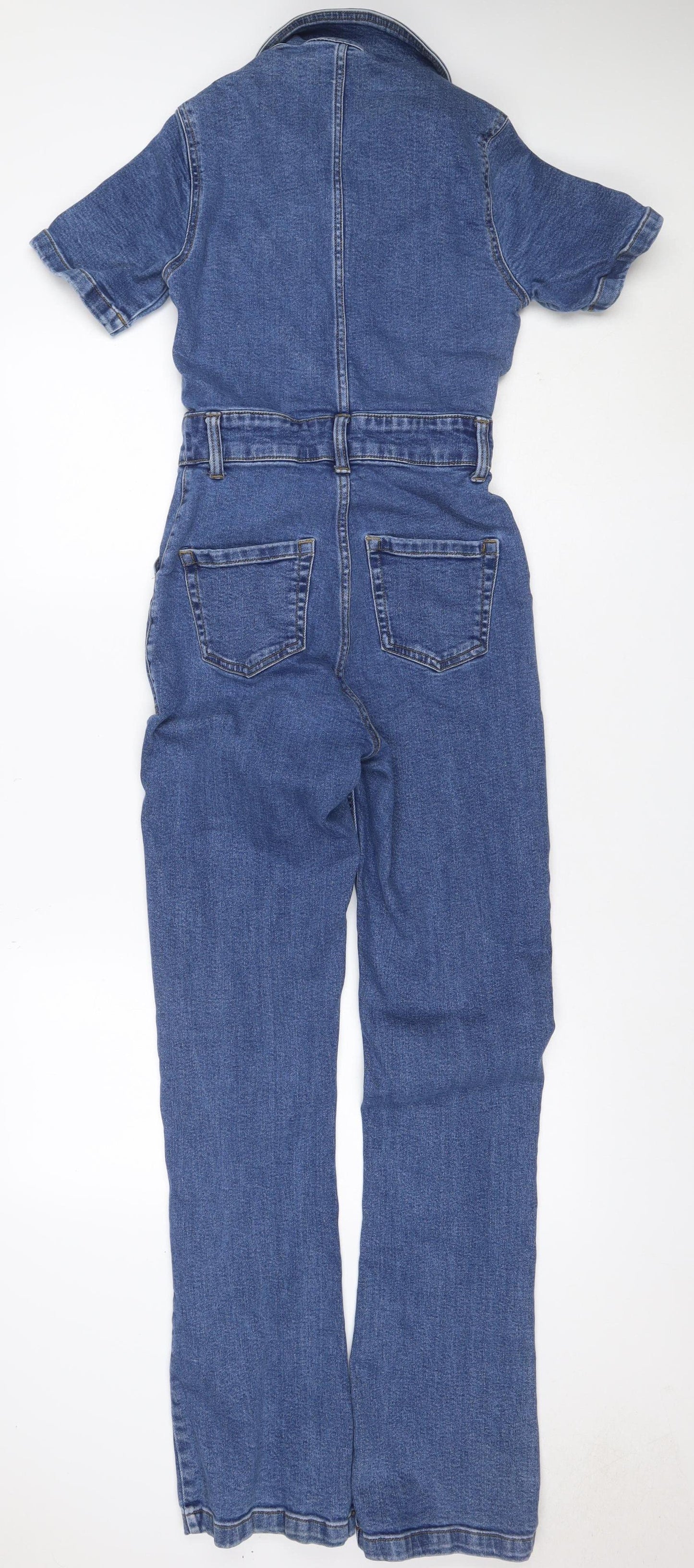 Stradivarius Women Blue Denim Zip Front Belted Jumpsuit Size S
