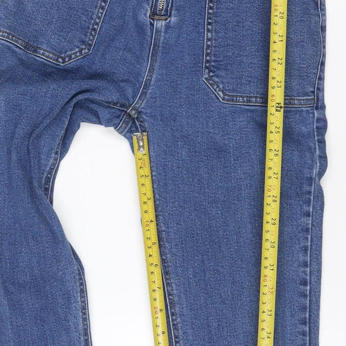 Stradivarius Women Blue Denim Zip Front Belted Jumpsuit Size S