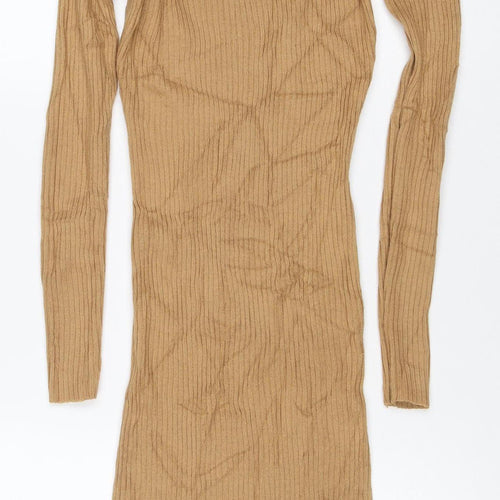 Brave Soul Women Brown XS Long Ribbed Roll Neck Jumper Dress