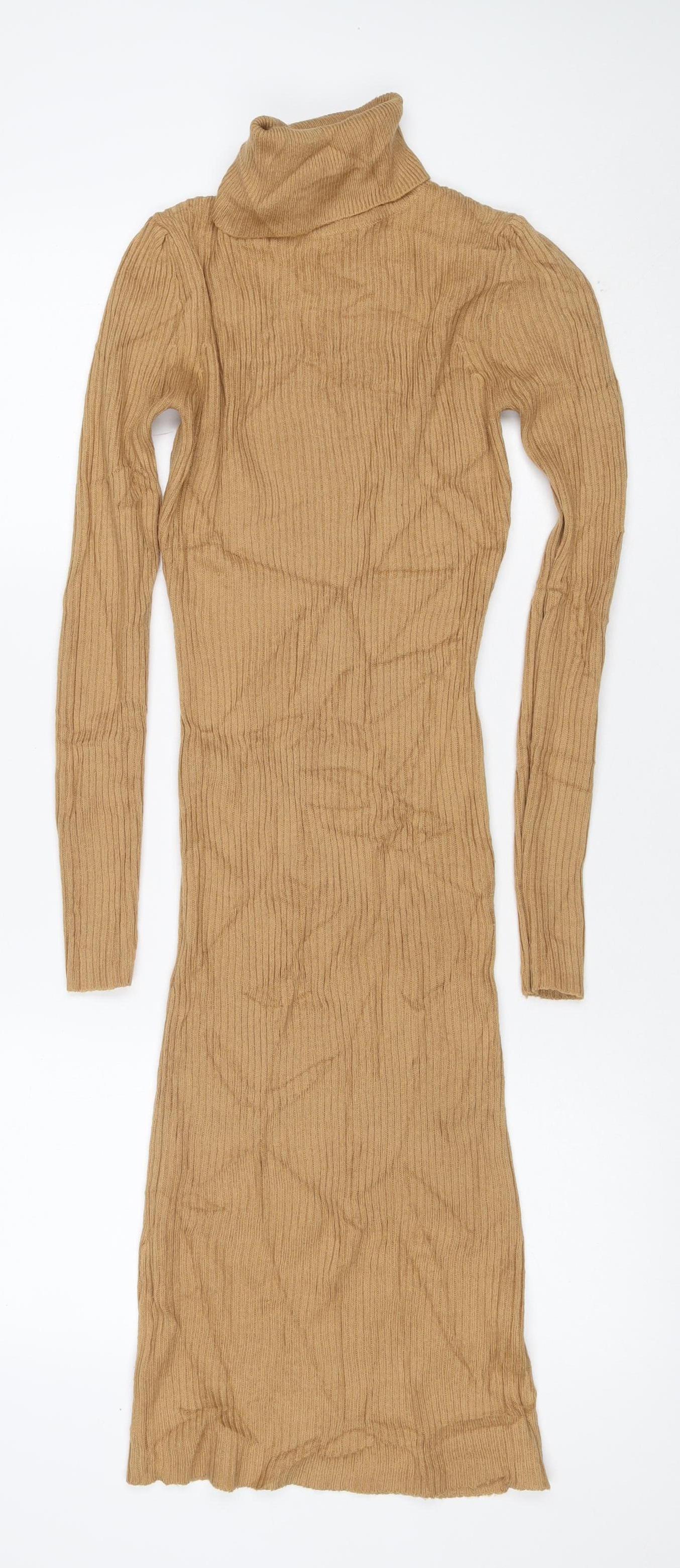Brave Soul Women Brown XS Long Ribbed Roll Neck Jumper Dress