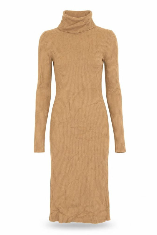 Front view of Brave Soul Women Brown XS Long Ribbed Roll Neck Jumper Dress
