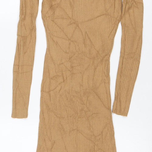 Brave Soul Women Brown XS Long Ribbed Roll Neck Jumper Dress