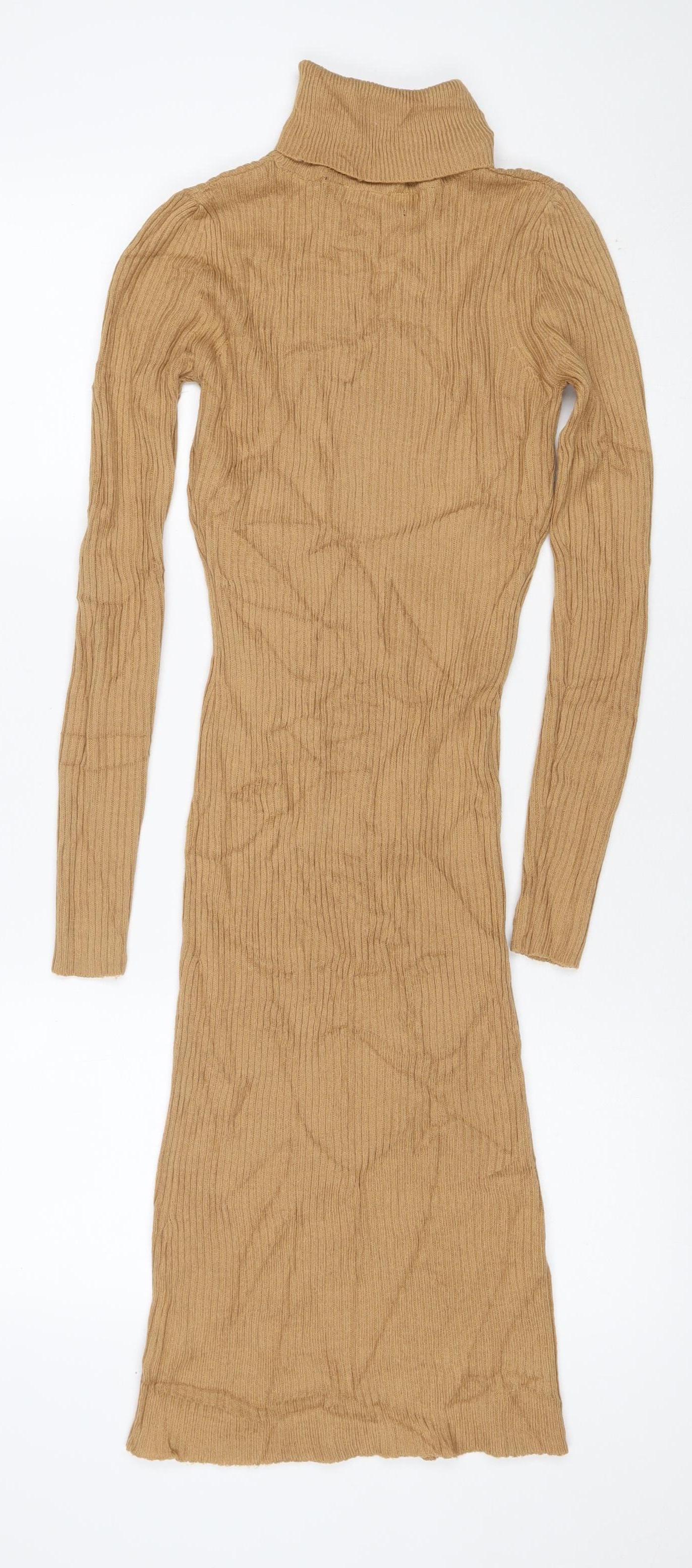 Brave Soul Women Brown XS Long Ribbed Roll Neck Jumper Dress