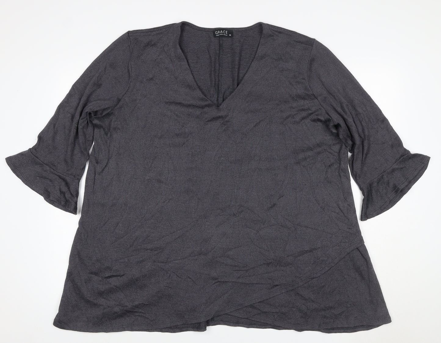 Grace Women’s Grey Size 22 V-Neck Bell Sleeve Stretch Blouse Top