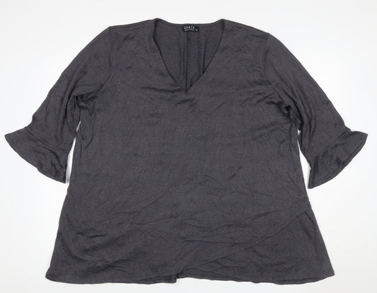 Grace Women’s Grey Size 22 V-Neck Bell Sleeve Stretch Blouse Top