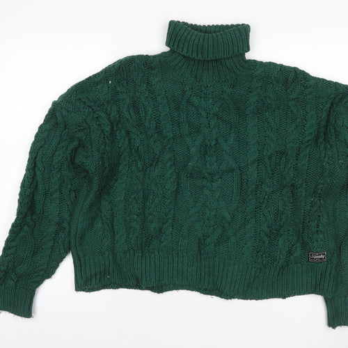 Superdry Women Green UK 10 Cable-Knit Roll Neck Pullover Jumper