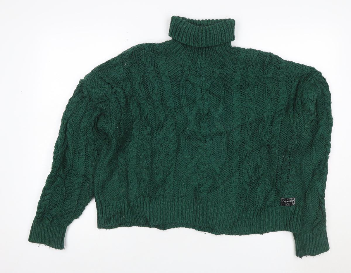 Superdry Women Green UK 10 Cable-Knit Roll Neck Pullover Jumper