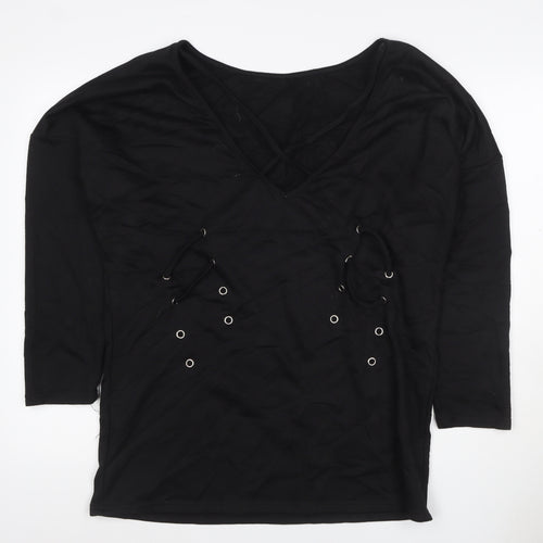 JCL Women’s Black M V-Neck 3/4 Sleeve Lace-Up Detail Jersey Top
