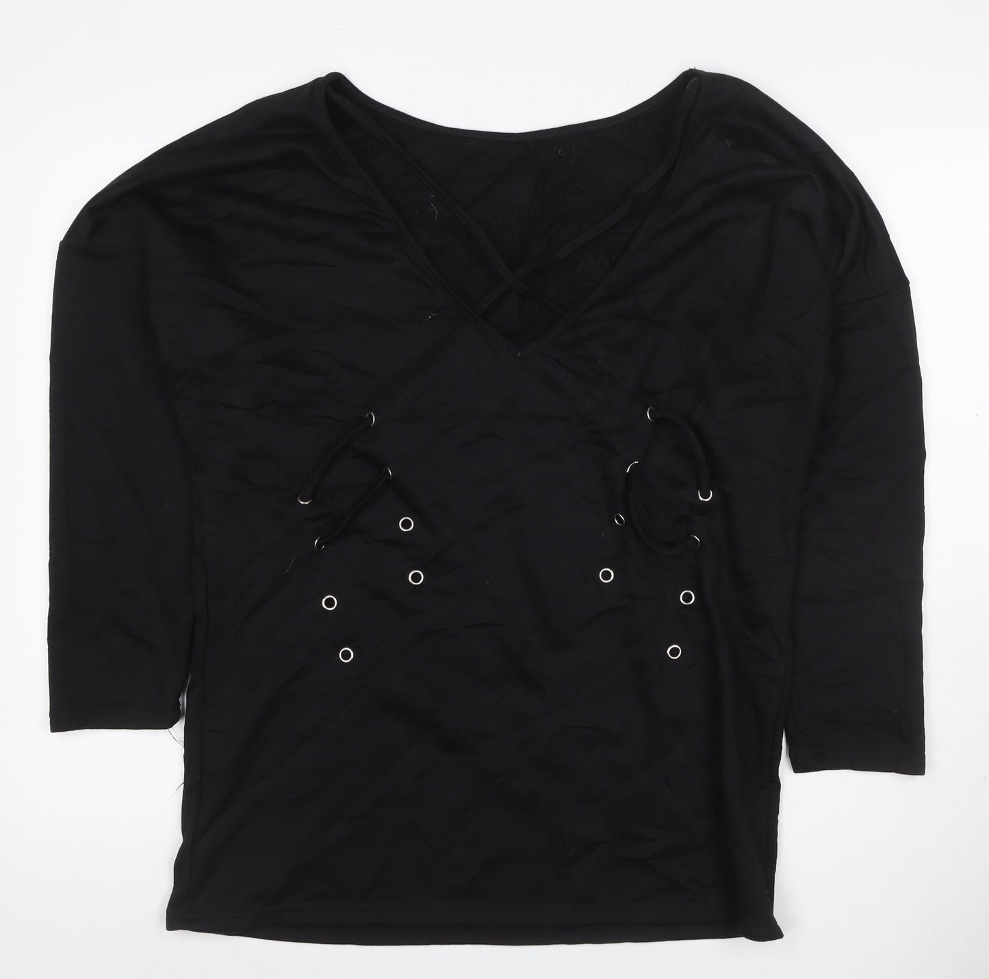 JCL Women’s Black M V-Neck 3/4 Sleeve Lace-Up Detail Jersey Top