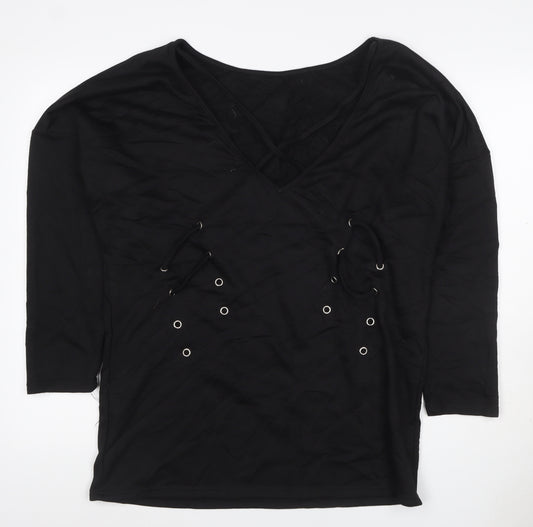 JCL Women’s Black M V-Neck 3/4 Sleeve Lace-Up Detail Jersey Top