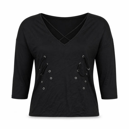 JCL Women’s Black M V-Neck 3/4 Sleeve Lace-Up Detail Jersey Top