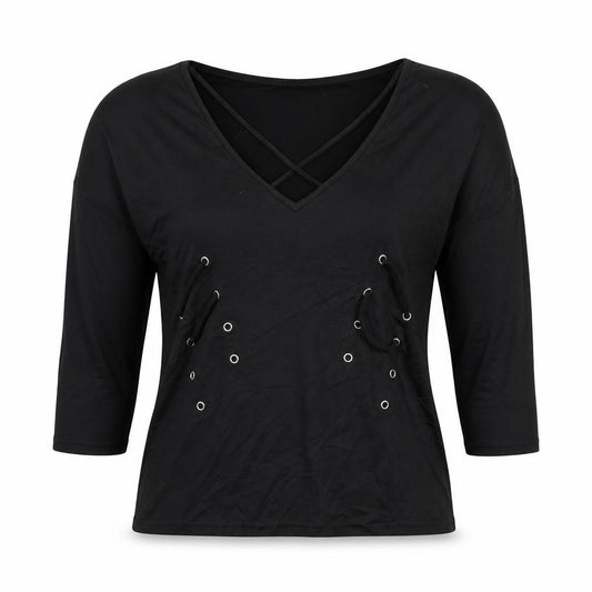 JCL Women’s Black M V-Neck 3/4 Sleeve Lace-Up Detail Jersey Top