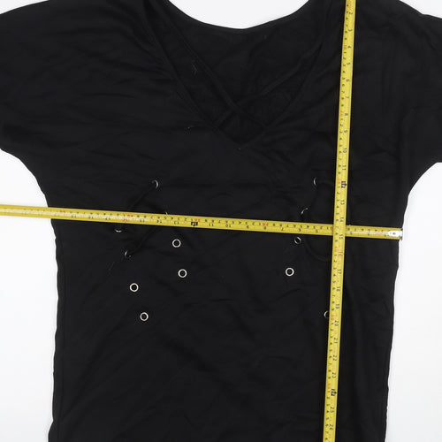 JCL Women’s Black M V-Neck 3/4 Sleeve Lace-Up Detail Jersey Top
