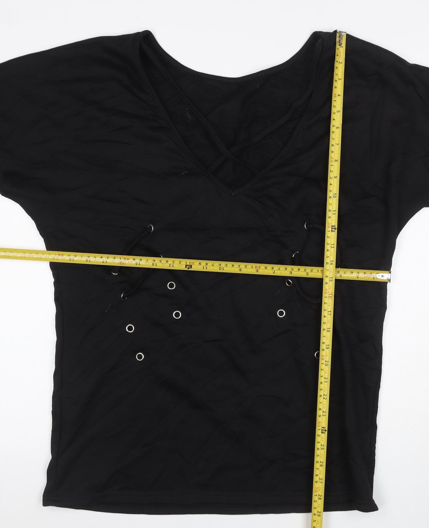 JCL Women’s Black M V-Neck 3/4 Sleeve Lace-Up Detail Jersey Top