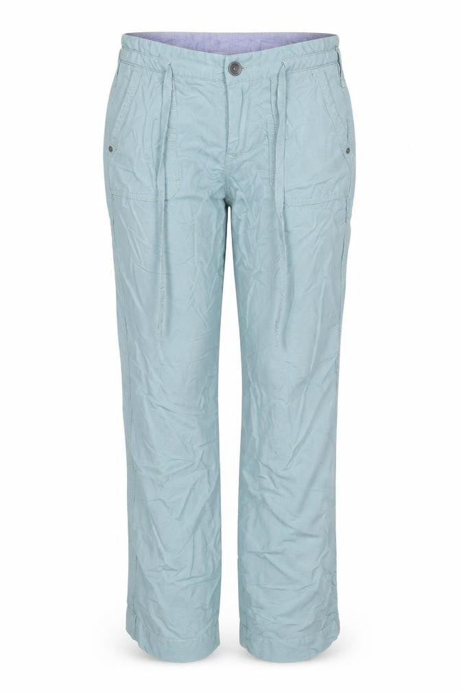 Front view of My Tribe Women's Blue UK 8 Linen Cargo Trousers Drawstring Pockets