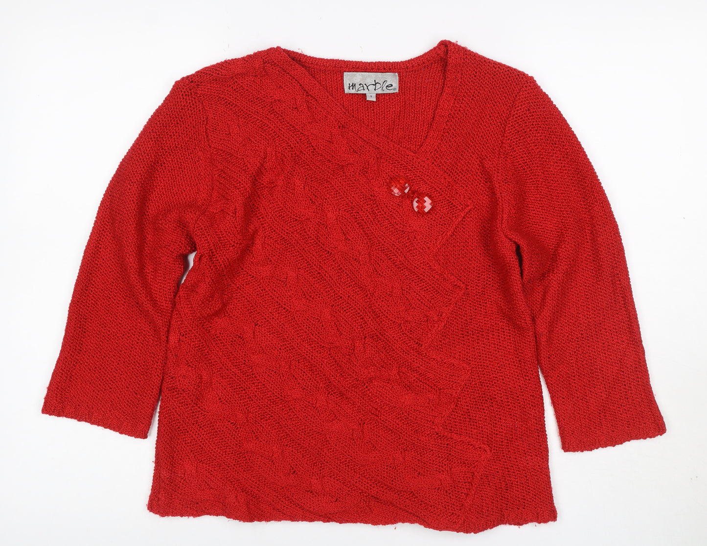 Marble Women Red V-Neck Cable Knit Jumper Size 8 Acrylic
