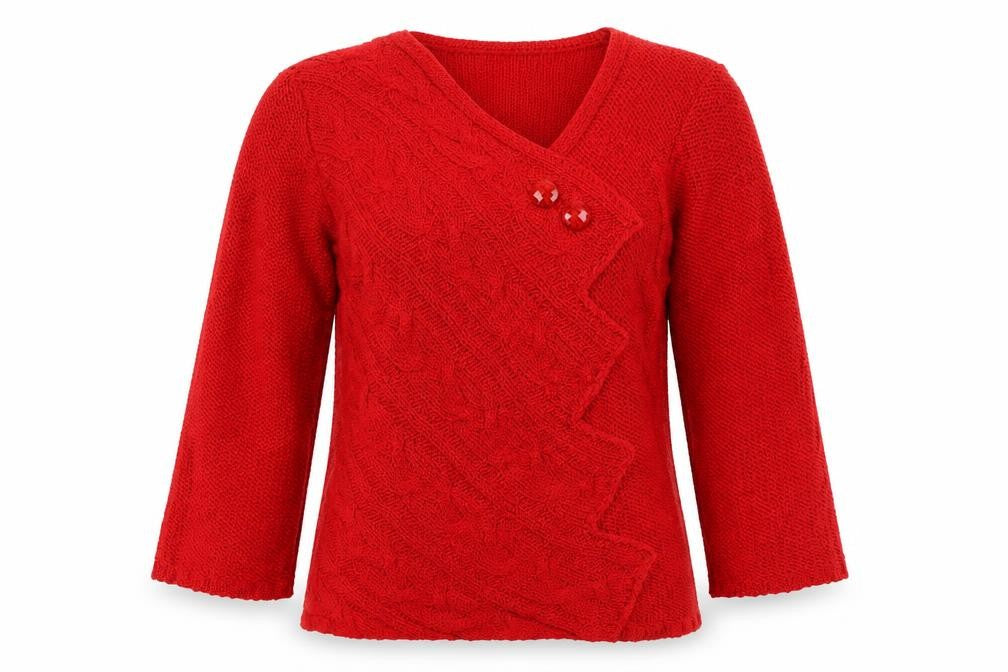 Front view of Marble Women Red V-Neck Cable Knit Jumper, size 8, Acrylic