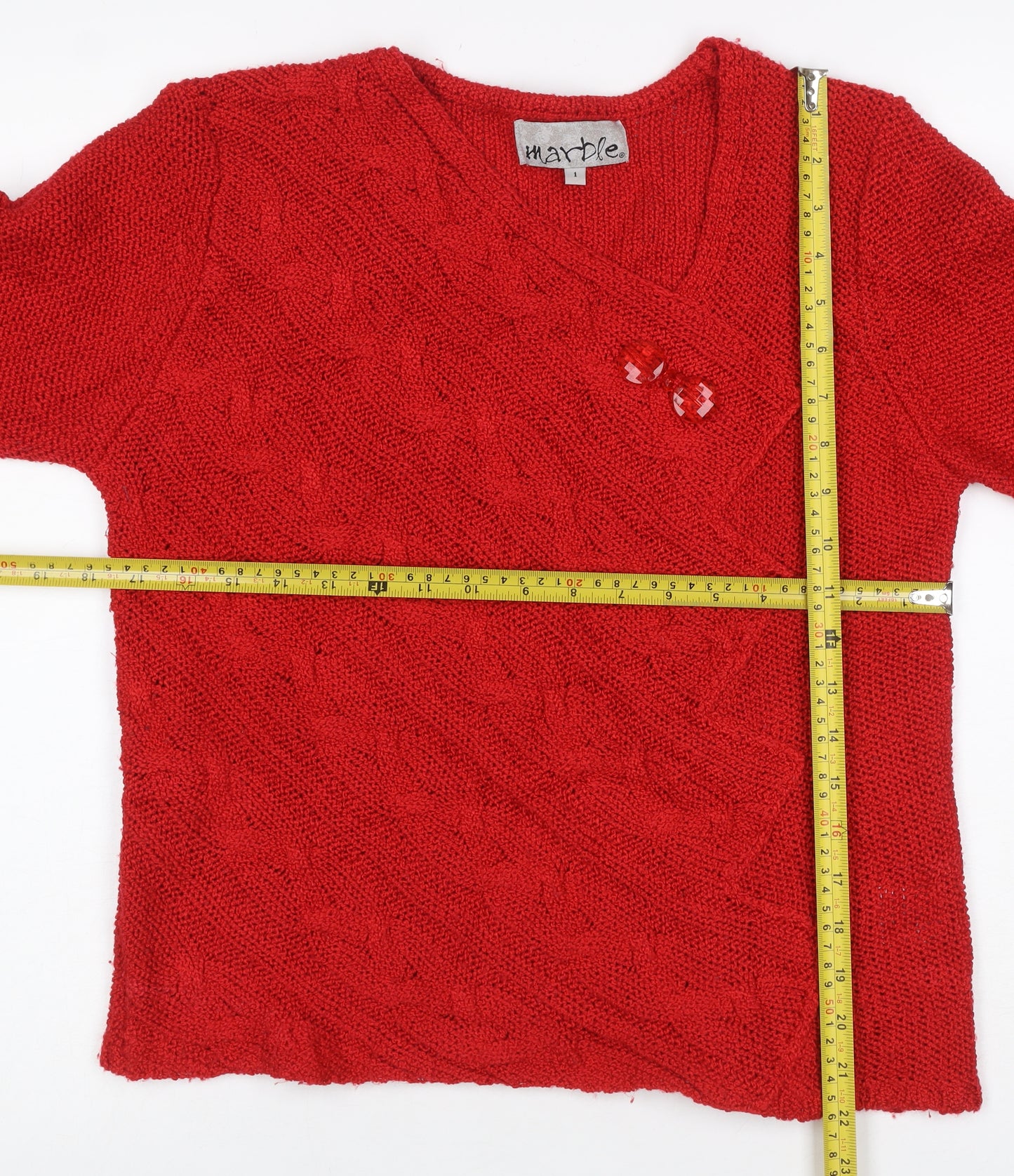 Marble Women Red V-Neck Cable Knit Jumper Size 8 Acrylic