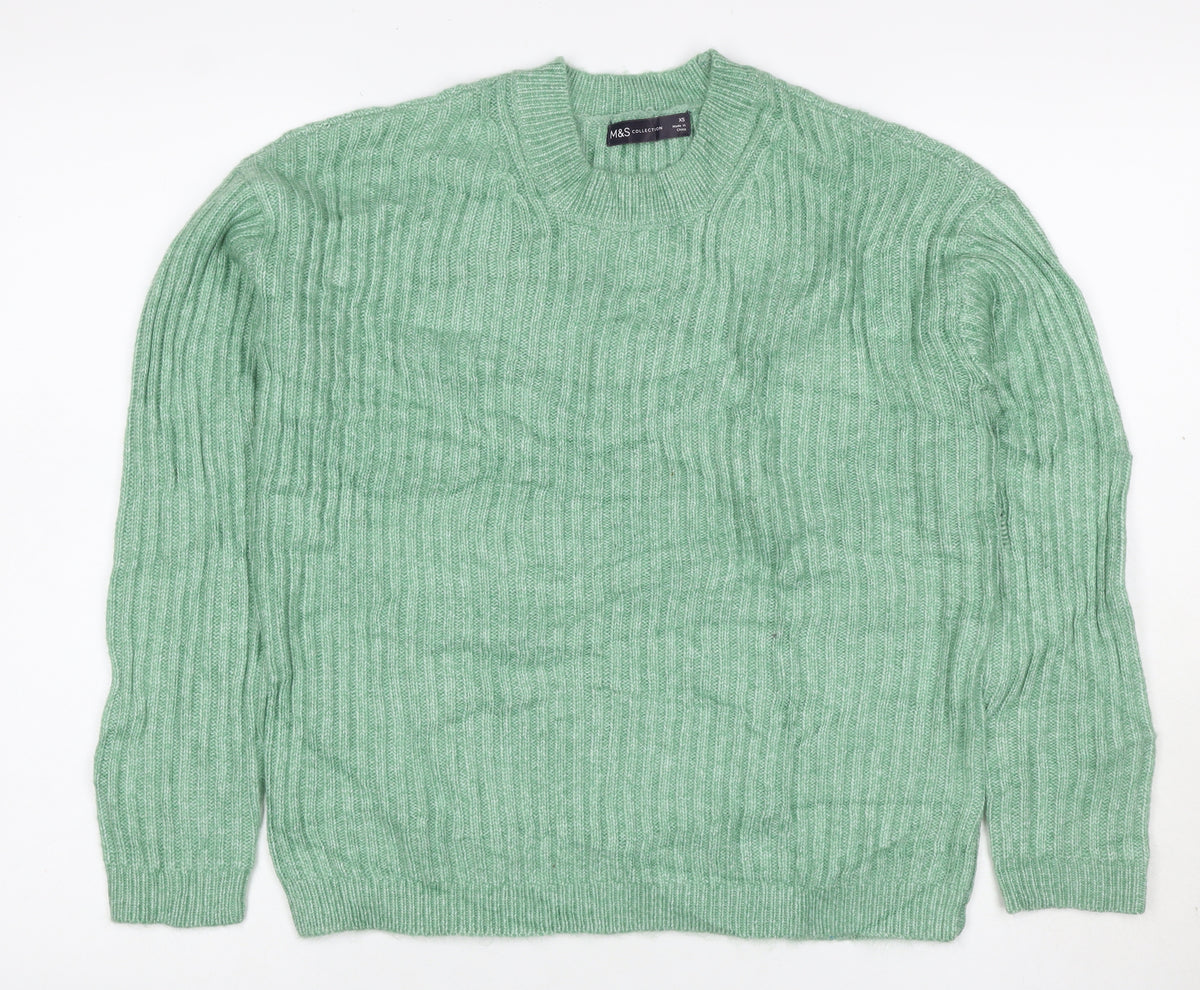 Marks & Spencer Women Green XS Rib Knit Round Neck Pullover Jumper