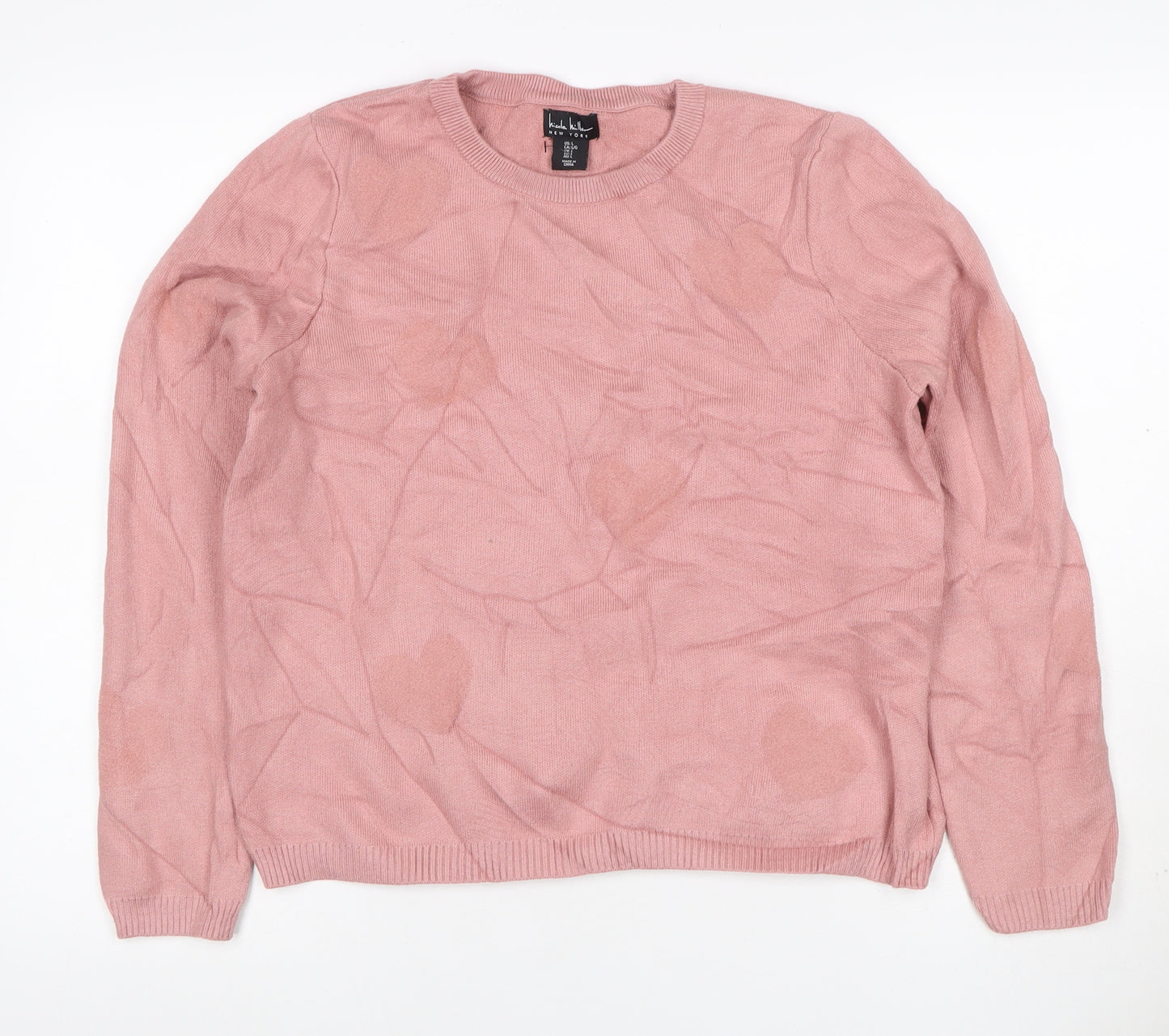 Nicole Miller Women Pink L Heart Crew Neck Knit Pullover Jumper