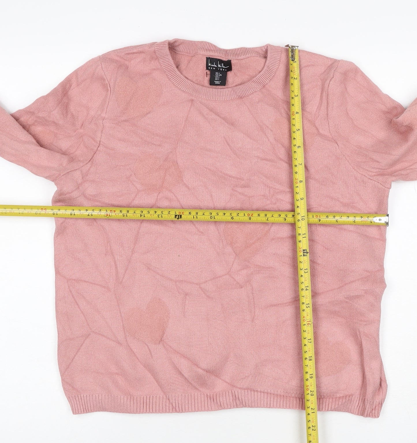 Nicole Miller Women Pink L Heart Crew Neck Knit Pullover Jumper