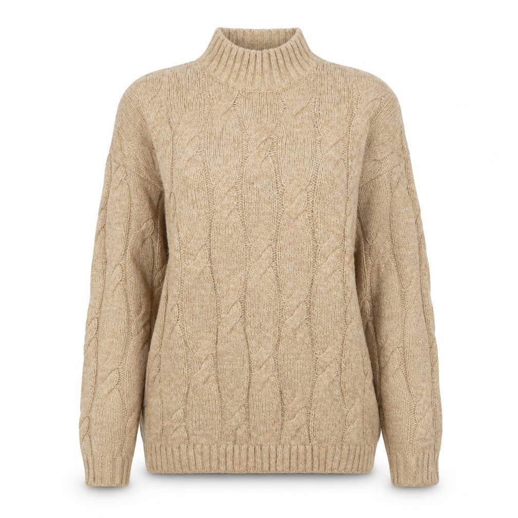 Front view of Lands' End Women's Beige S Cable-Knit Mock Neck Cotton Blend Jumper