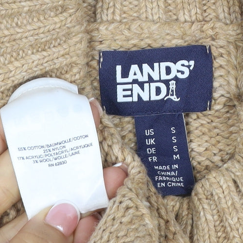 Lands' End Women's Beige S Cable-Knit Mock Neck Cotton Blend Jumper