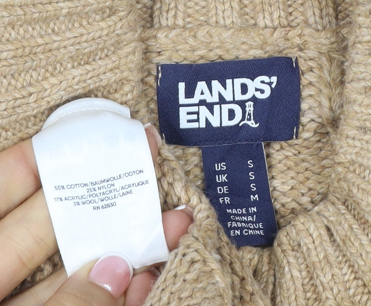 Lands' End Women's Beige S Cable-Knit Mock Neck Cotton Blend Jumper