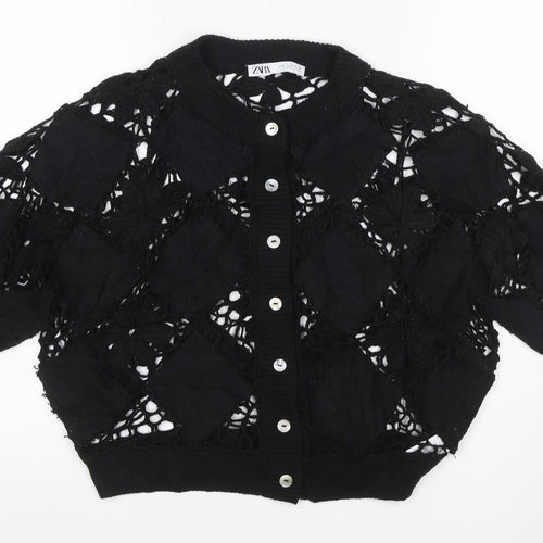 Zara Women Black M Floral Crochet Short Sleeve Button Cardigan