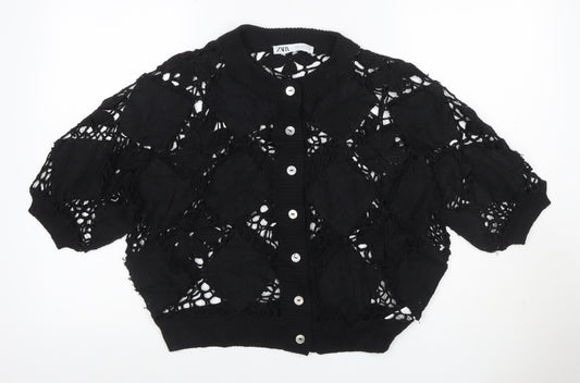 Zara Women Black M Floral Crochet Short Sleeve Button Cardigan